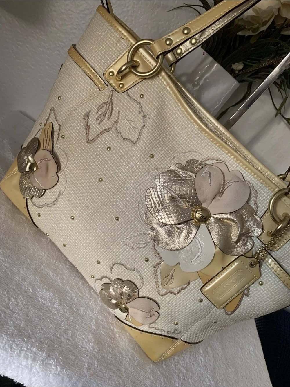 Coach Limited Edition Hampton Cream Tote with Gold Floral Appliqués